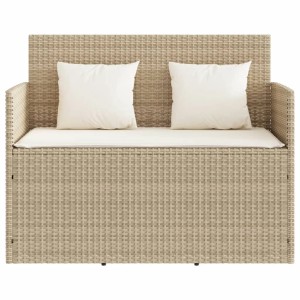 Beige VidaXL Gartenbank aus Poly Rattan mit Kissen und Stauraum.
