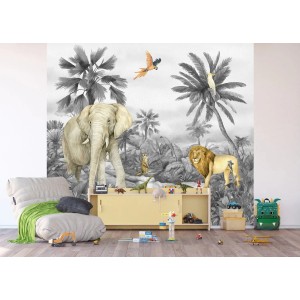 Sanders & Sanders Fototapete Dschungeltiere Grau 3x2,7m mit Elefant, Löwe und Palmen.