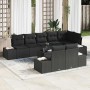 Schwarzes 9-teiliges vidaXL Garten-Sofa-Set aus Poly Rattan mit Kissen und Tisch.