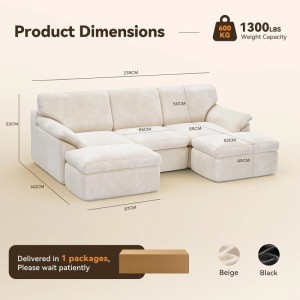 Beiges Rattantree Modulsofa in U-Form mit Samtbezug, 5-Sitzer, 239 cm. Sofa der Cloud Serie mit Maßen.