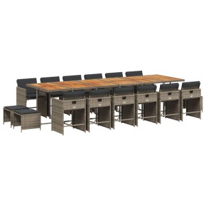 vidaXL 17-tlg. Garten-Essgruppe aus grauem Rattan mit Tisch, Stühlen und Hockern mit Kissen.