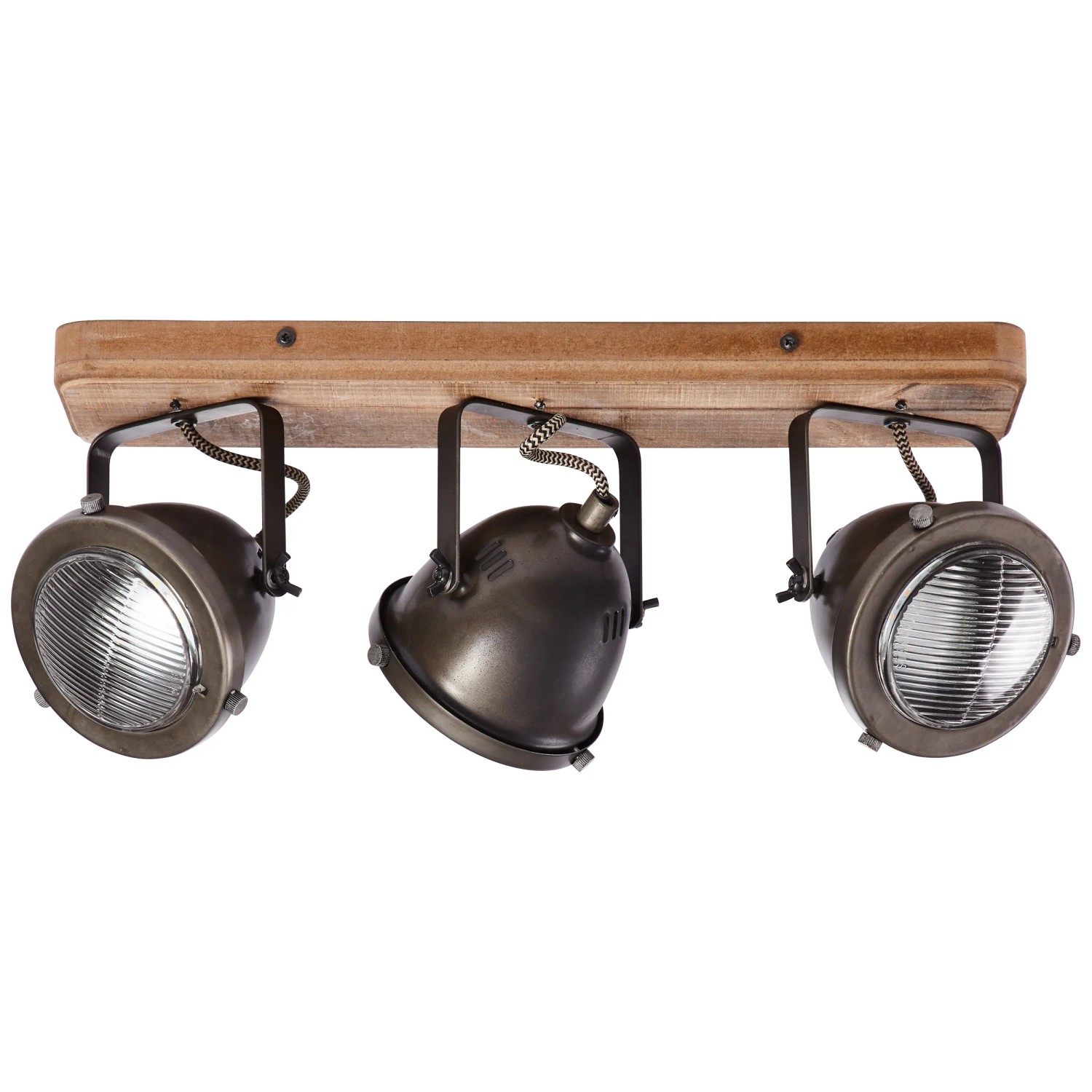 Brilliant Spot Carmen: 3-flammige Deckenleuchte aus Holz und Stahl in Burned Steel Optik.