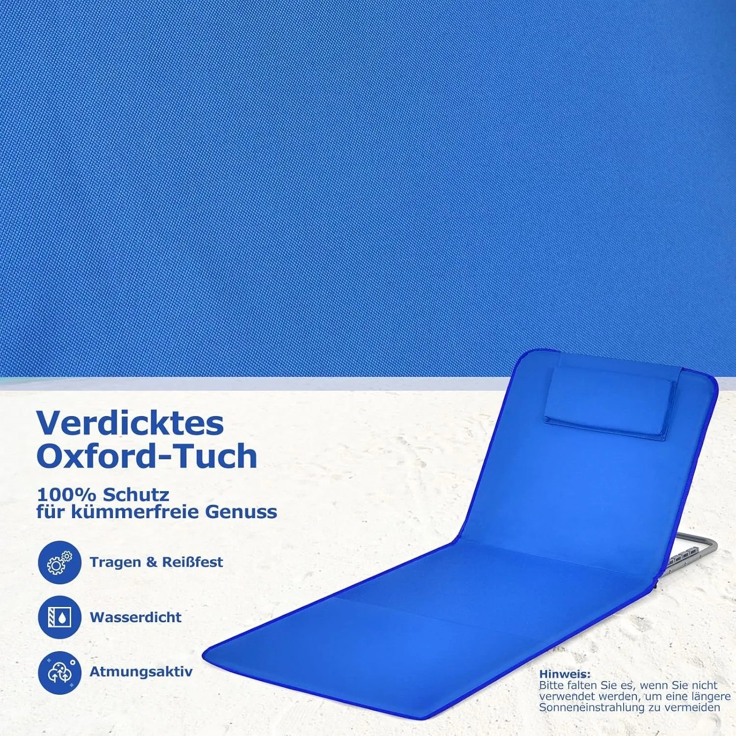 Costway 2er Set Strandmatte mit Beistelltisch Kopfkissen & Staufach Blau_6