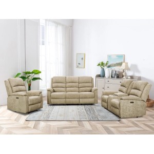 Taupe Relaxsessel Nevers aus Stoff, elektrisch, mit USB-Anschluss, in Wohnzimmer-Set.