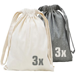 DuneDesign 6er Set Stoffbeutel Nordic, beige und grau, 32x32cm, für Weihnachtsgeschenke.