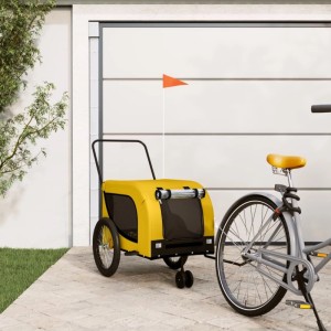 Gelb-schwarzer Hundeanhänger von vidaXL aus Oxford-Gewebe am Fahrrad.