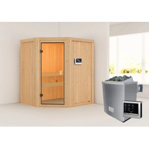 Woodfeeling Sauna Faurin mit Ofen und bronzierter Glastür. Massivholzsauna für entspannte Stunden.