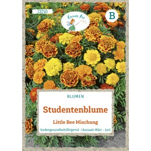 Saatgutpackung Studentenblume 'Little Bee Mischung' mit gelben und orangefarbenen Blüten.