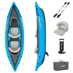 Bestway Hydro-Force Cove Champion aufblasbares Kajak-Set in Blau-Grau mit 2 Sitzen, Paddeln, Pumpe und Tasche.