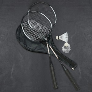 Relaxdays Badminton Set: 2 schwarze Schläger mit weißen Saiten, 10 Federbälle, schwarze Tasche für Sport.