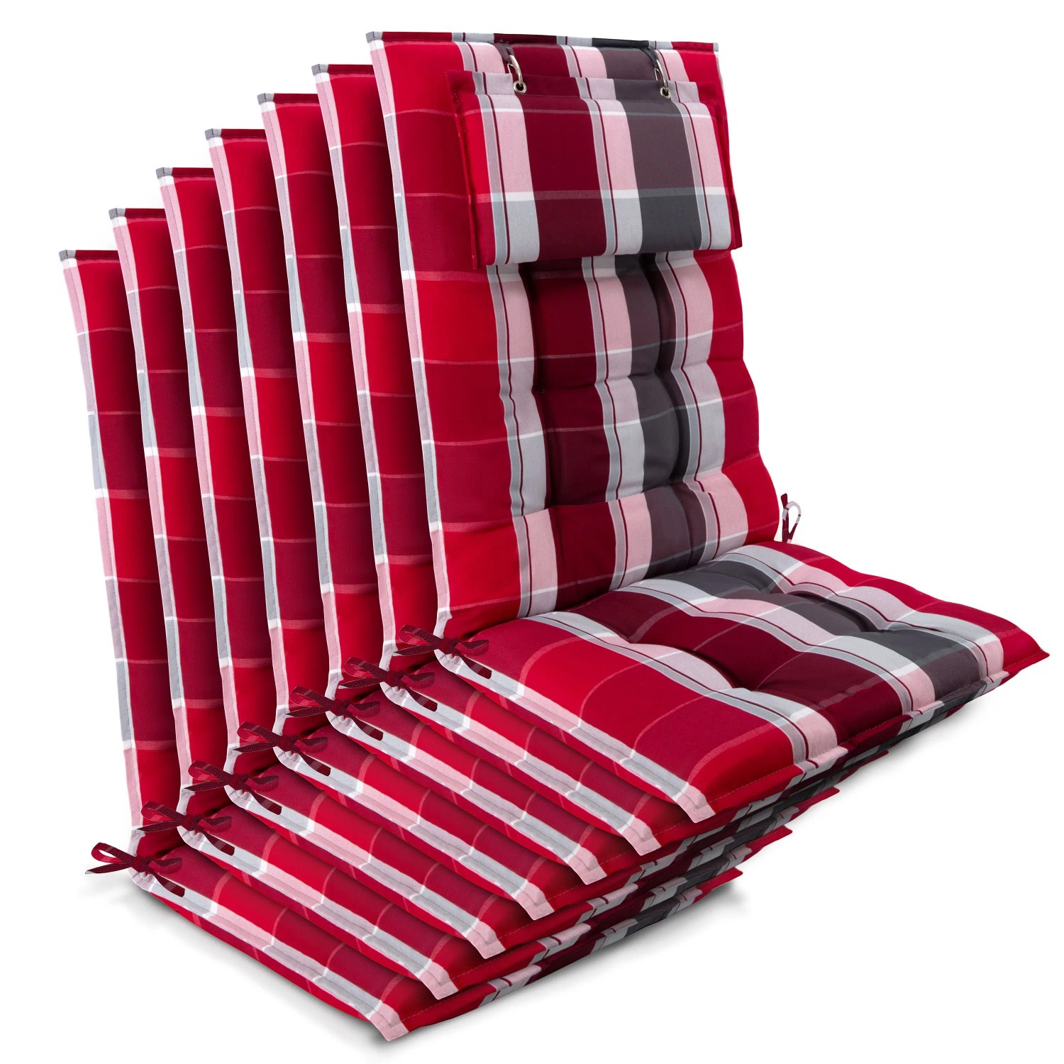 Beautissu 7er Set Sun-HL Hochlehner Auflage 120x50x8cm Rot-Gestreift