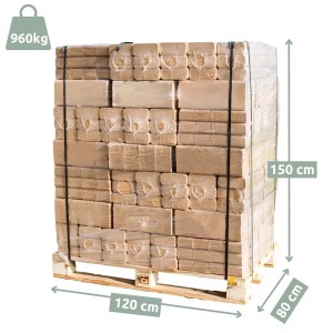Palette holz4home RUF Holzbriketts Mischholz, 960 kg, verpackt und gesichert.
