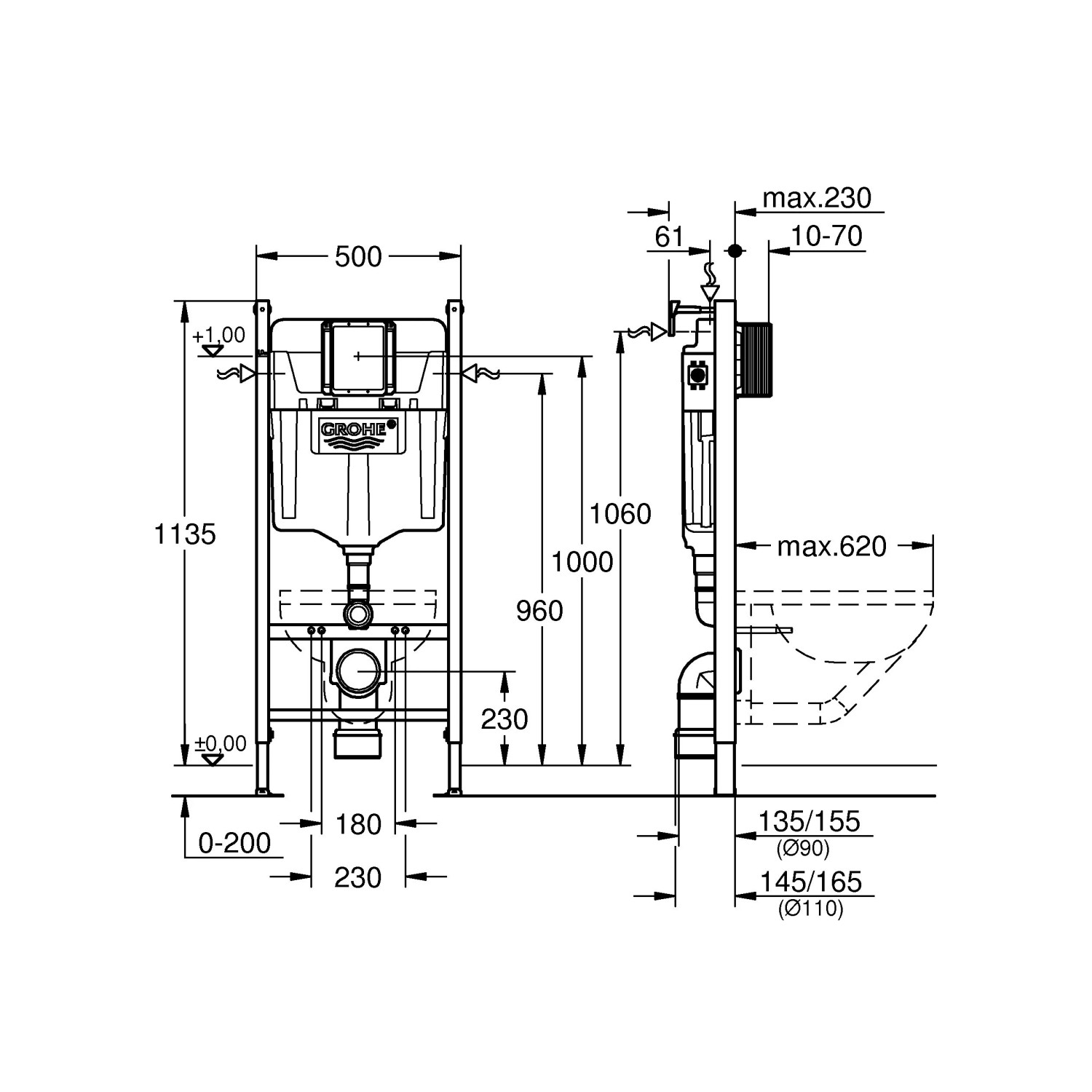 Technische Zeichnung: Grohe QuickFix Vorwandelement Solido für WC, Maße und Details.