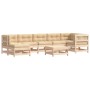 8-teiliges Garten Lounge Set aus Massivholz mit beigen Kissen.