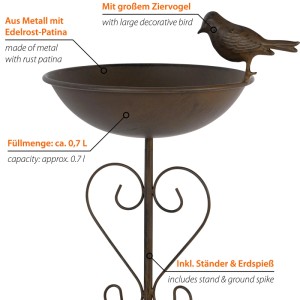 Rustikale Dobar Vogeltränke aus Cortenstahl mit Rost-Patina, Ziervogel, Herz-Ständer und Erdspieß. 0,7L für den Garten.