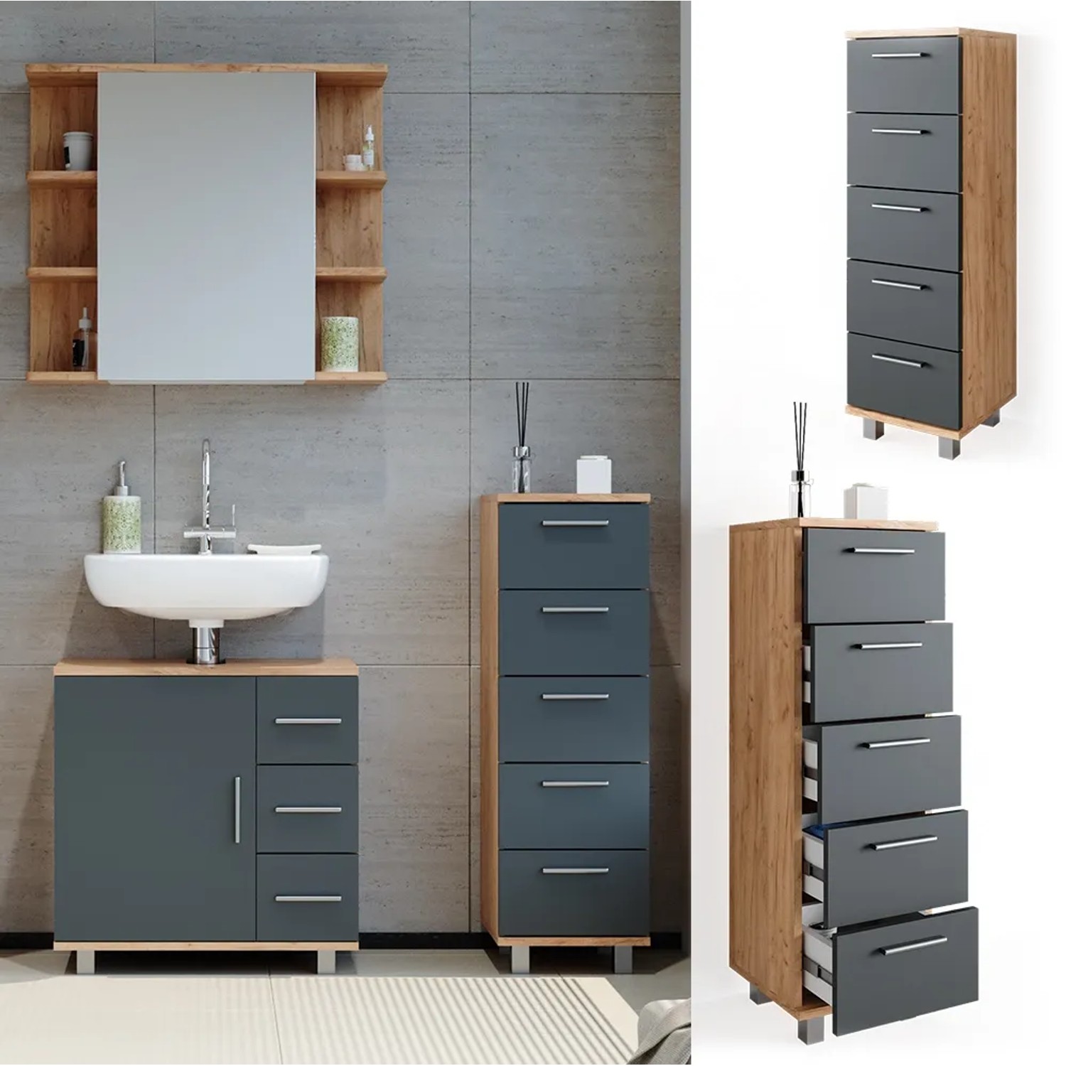 Vicco Badschrank Ilias in Eiche/Anthrazit, 30x95 cm, mit fünf Schubladen für Badutensilien.