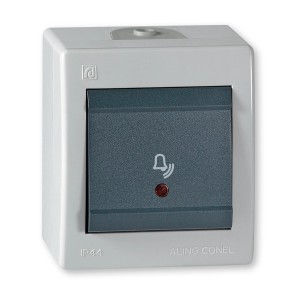 Grauer Aling-Conel Aufputz Klingeltaster mit Glimmlampe, IP44-Schutz.