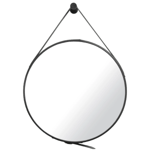 Runder schwarzer Spiegel (50cm) mit verstellbarem Lederband und Metallhaken. Ideal für Bad, Flur, Wohnzimmer.