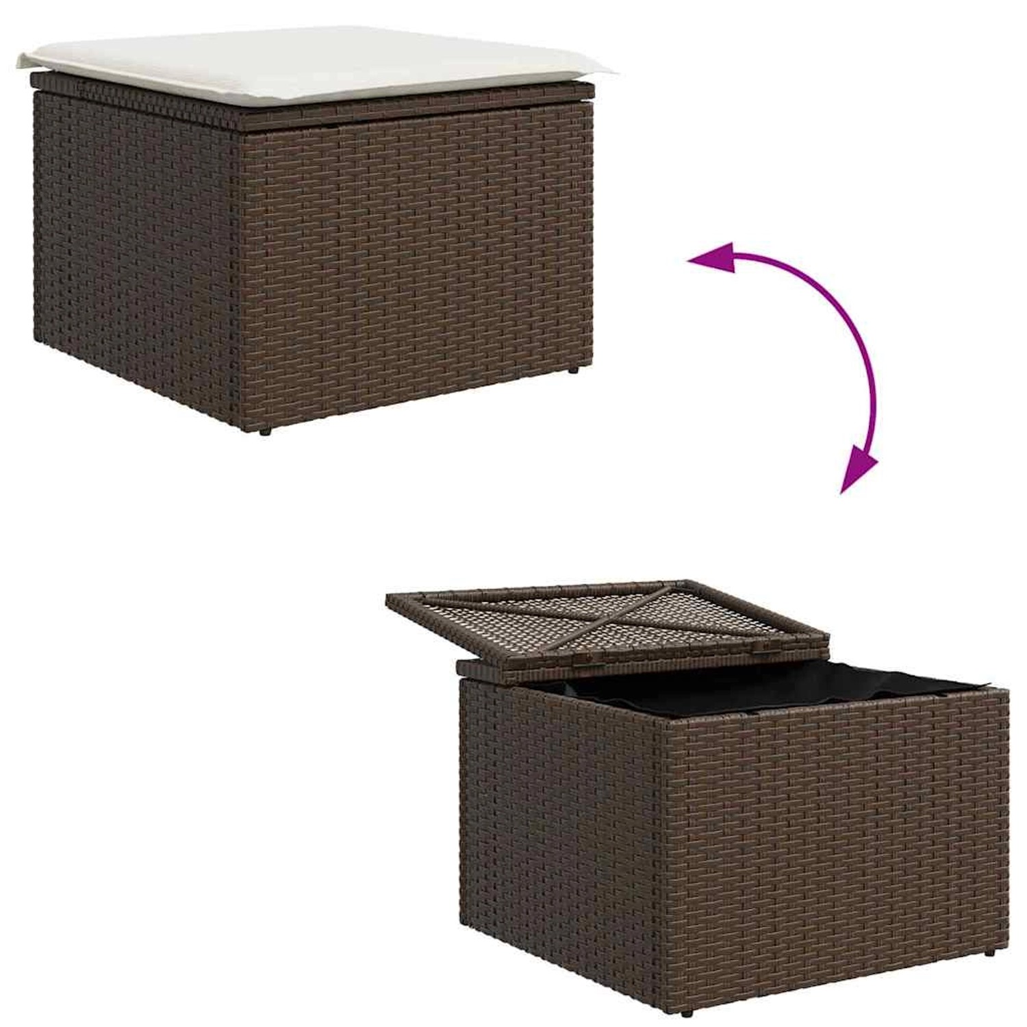 Brauner vidaXL Gartenmöbel Hocker aus Rattan mit Kissen, Deckel offen und geschlossen.