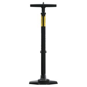 Schwarze Topeak Joeblow Urban Ex Standpumpe mit gelben Akzenten und T-Griff. Robuste Fahrrad-Luftpumpe mit Manometer.