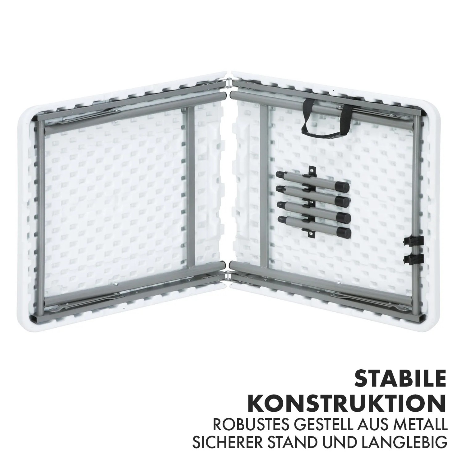 Zusammengeklappter, weißer KARAT Klapptisch Fukui mit wetterfester Platte und Stahlgestell.