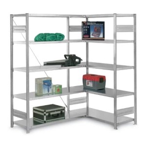 Lichtgraues PROREGAL Eckregal mit 5 Ebenen, ideal für Garage, Keller oder Lager.