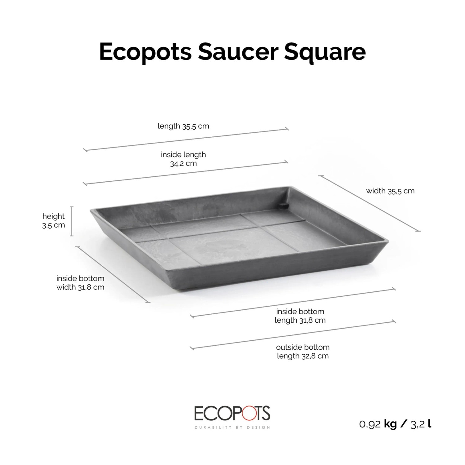 Ecopots Untersetzer Rotterdam, grau, 35,5x35,5 cm, quadratisch, für Innen- und Außenbereich.