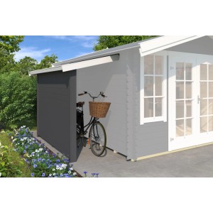 Lasita Schleppdach mit Seitenwand in Carbongrau am Gartenhaus, Fahrrad lehnt an der Wand.