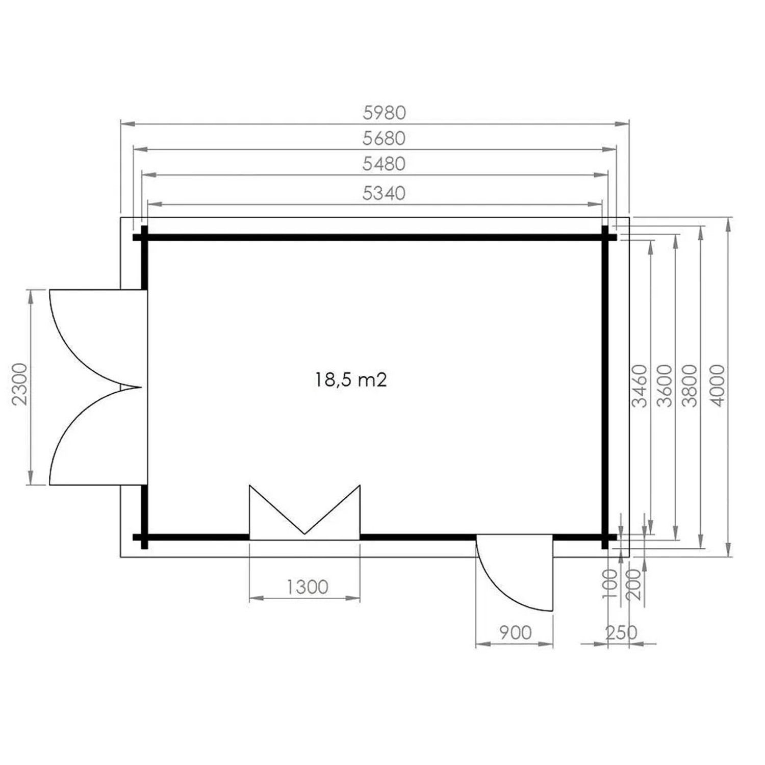Grundriss der Alpholz Holzgarage A-70 ISO, Fichte Natur, 400x598cm, mit Maßangaben.