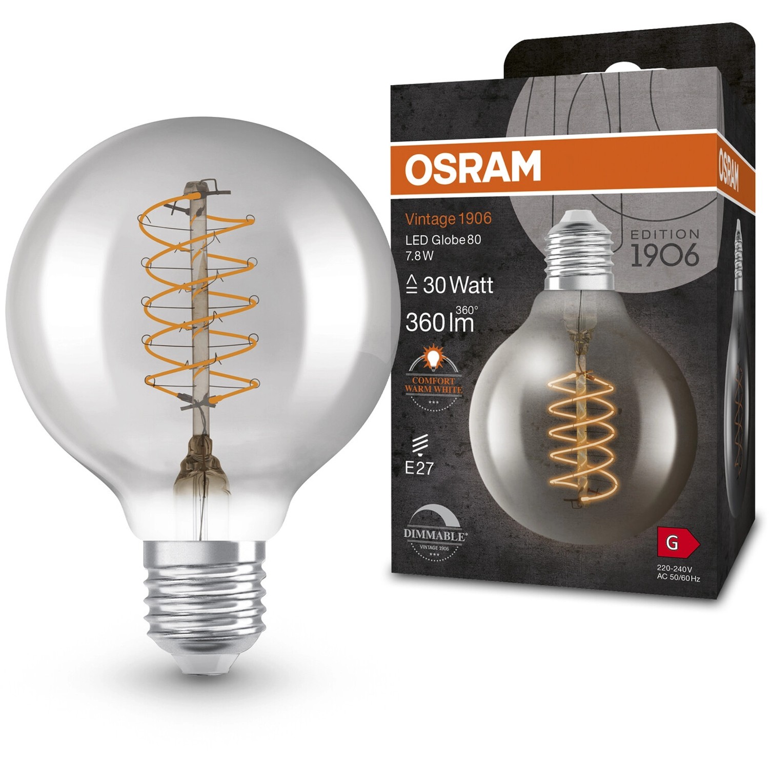 Osram LED-Leuchtmittel E27 in Globeform, 4,8W, Vintage-Design mit Glühfadenoptik.