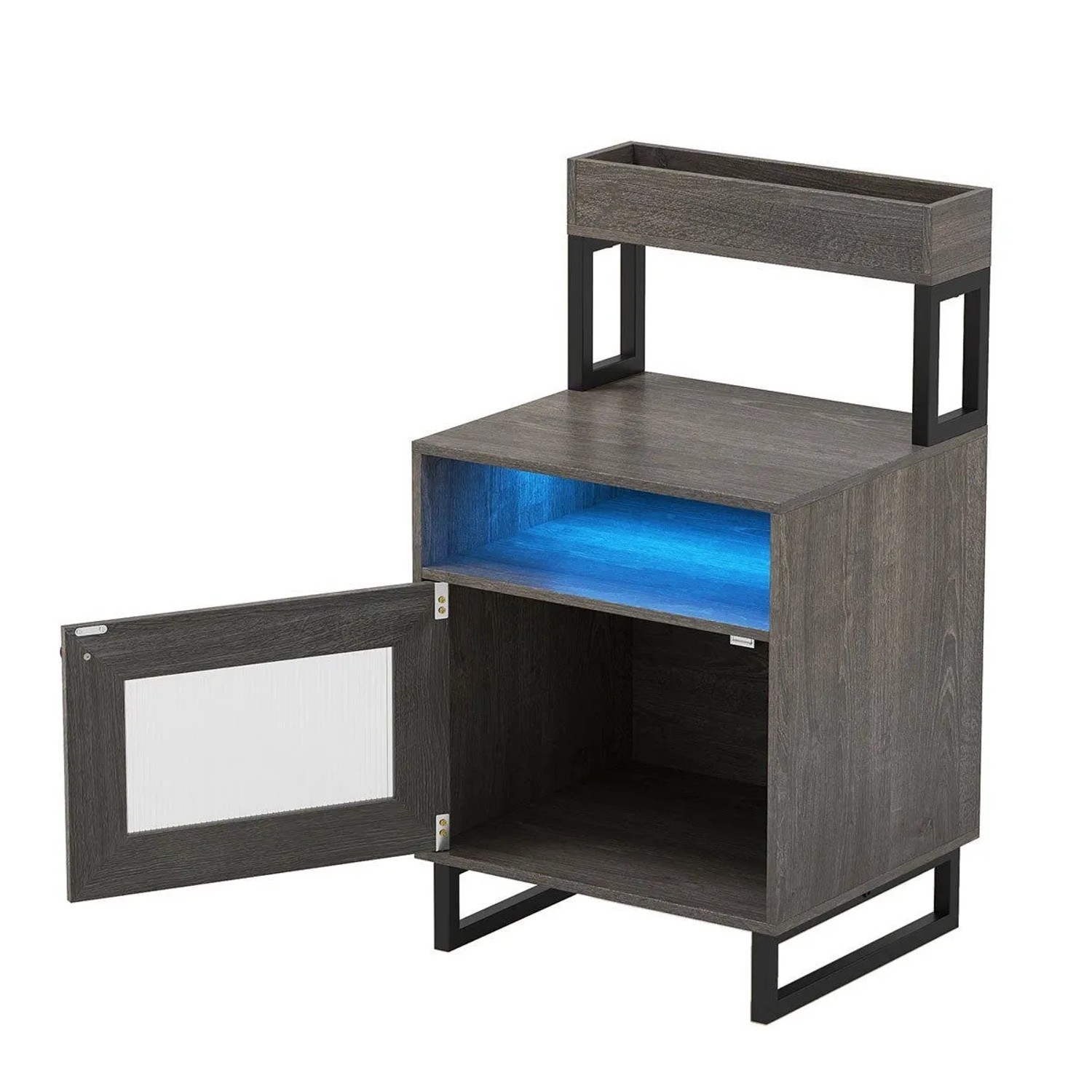 Costway Nachttisch mit Led Nachtschrank mit Oberem Tablett Grau
