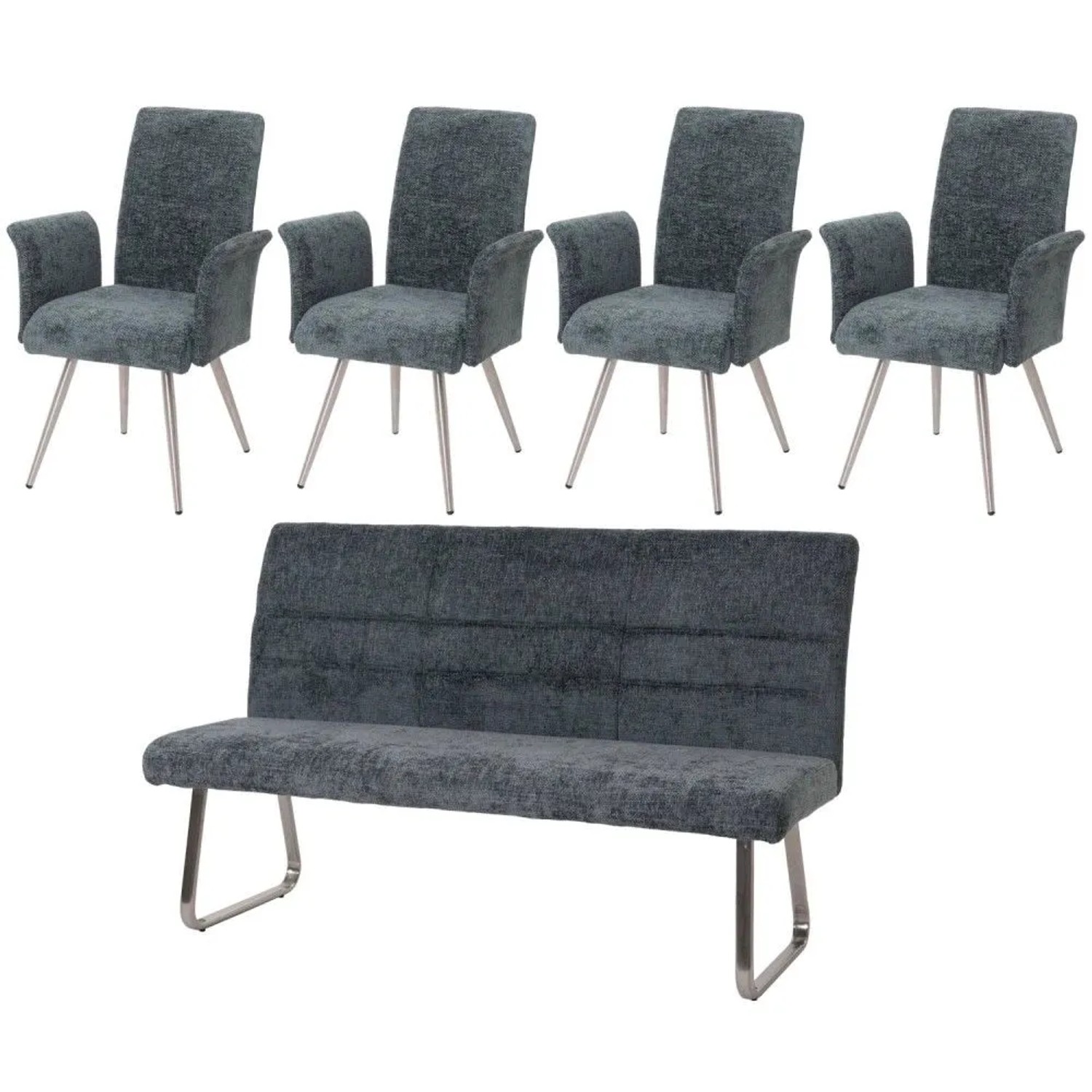 MCW Esszimmer-Set G55 4er-Set Stuhl mit Armlehne+Sitzbank 180cm 5-teilig Stoff Chenille Blau-Grün