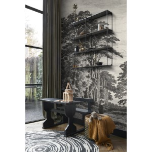 ESTAhome Fototapete Bewaldete Landschaft Schwarz-Weiß im Raum mit Tisch und Regal.