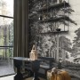 ESTAhome Fototapete Bewaldete Landschaft Schwarz-Weiß im Raum mit Tisch und Regal.