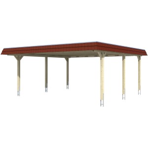 Skan Holz Doppelcarport Wendland, schiefergrau mit rotem Dach, für zwei Fahrzeuge.