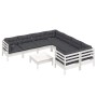 Weißes 9-tlg. vidaXL Garten-Lounge-Set aus Kiefernholz mit anthrazitfarbenen Kissen.