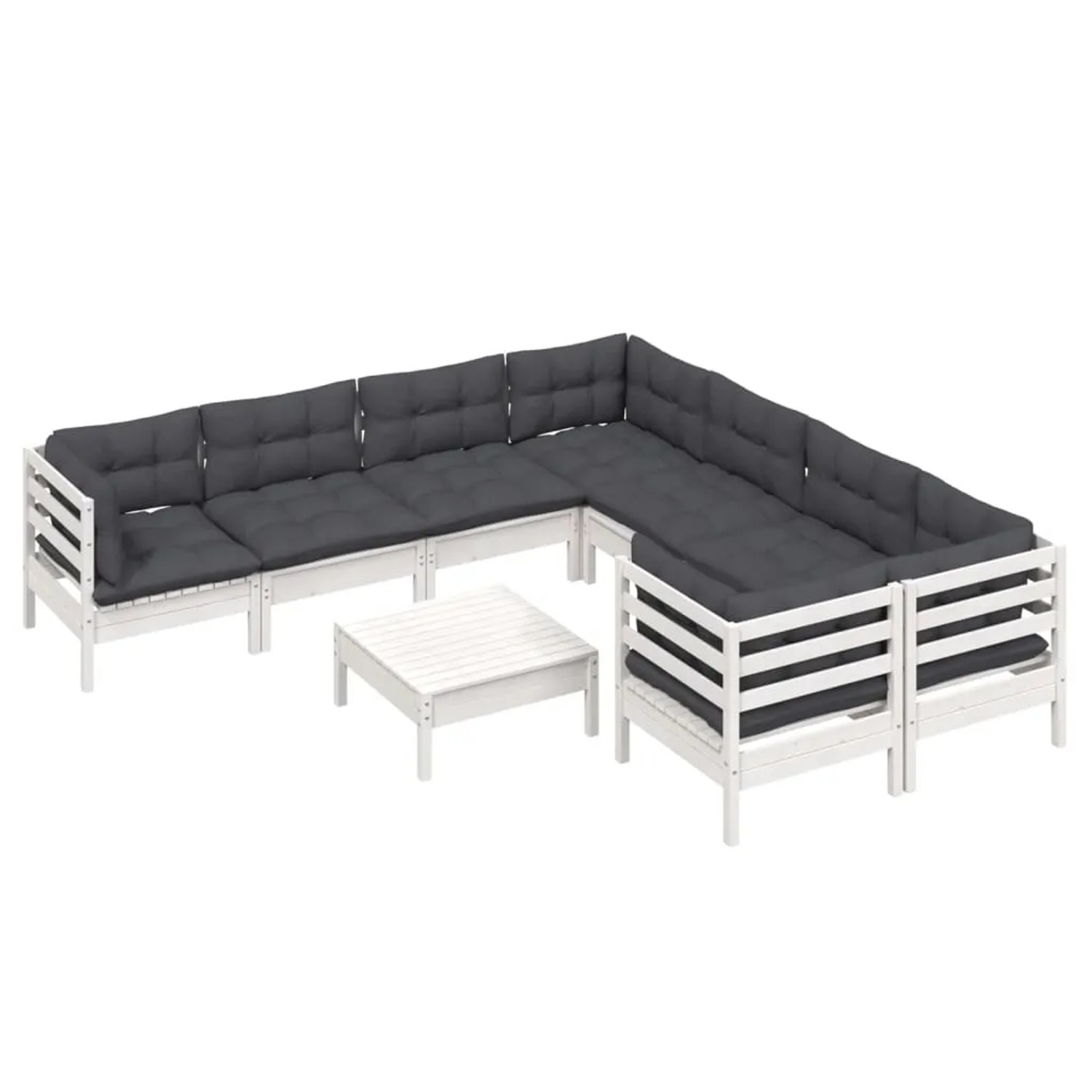 Weißes 9-tlg. vidaXL Garten-Lounge-Set aus Kiefernholz mit anthrazitfarbenen Kissen.