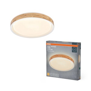 Osram LED-Deckenleuchte Orbis Mariano, rund, Holz-Ring, weiß, Click-Dim, warmweißes Licht.