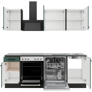 OPTIFIT Verona405 Küchenzeile, 210 cm, Steingrün mit E-Geräten und Geschirrspüler, teilintegriert.