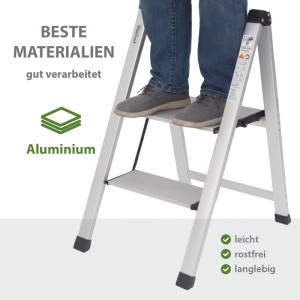 TRUTZHOLM Trittleiter 2 Stufig Klappbar bis 150 kg Alu Anti Rutsch Trittflächen TÜV GS Silber
