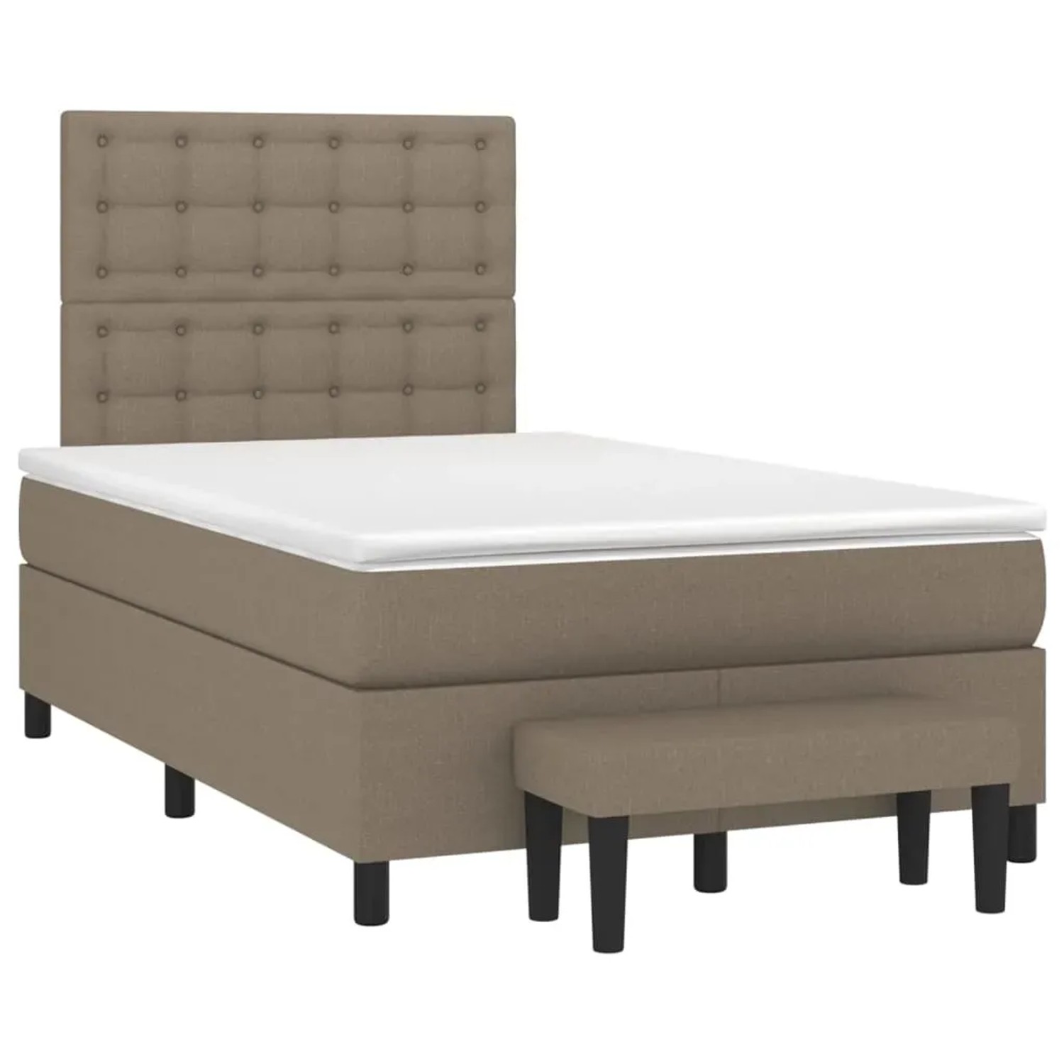 Boxspringbett Taupe (120x200 cm) mit Matratze und Bank. Stoffbezug, gestepptes Kopfteil.