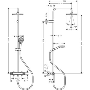 Technische Zeichnung: Hansgrohe Vernis Blend 200 1jet Duschsystem mit Maßen und Details.
