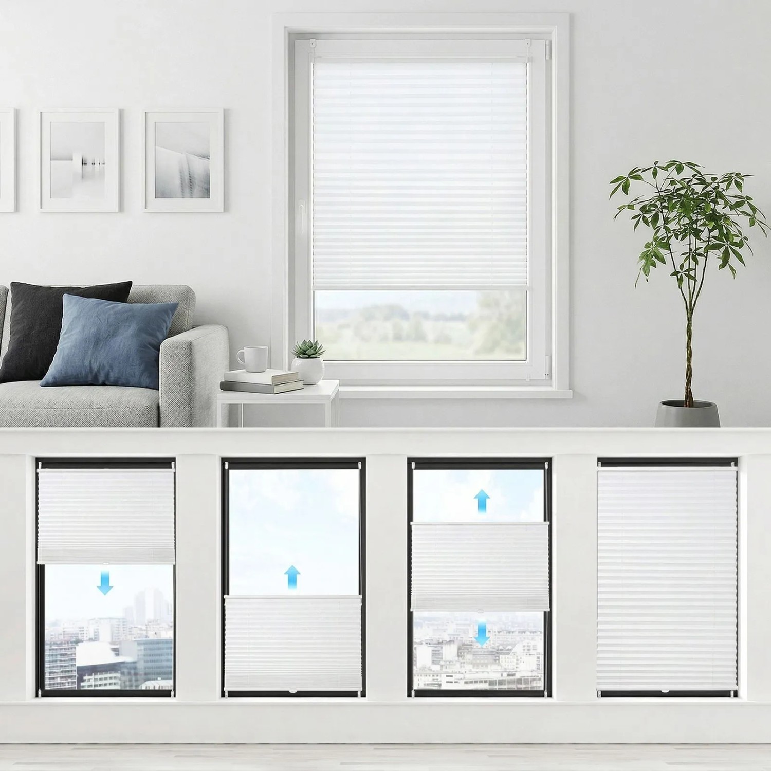 Sekey Plissee 60x210cm, weiß, ohne Bohren, verstellbar, im Wohnraum mit Fenster.