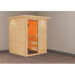 Karibu Massivholzsauna Sandra mit LED-Dachkranz und Glastür. Saunakabine aus Fichtenholz.