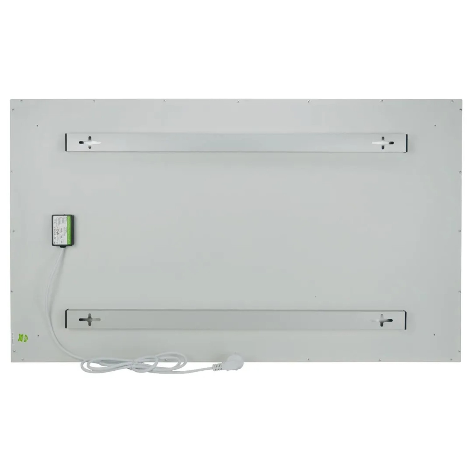 Rückansicht des weißen Heizpaneels Infrae Design M 600 W mit Montagevorrichtung und Kabel.