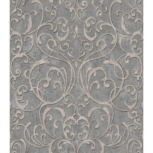 Graue Vliestapete mit Ornamenten im Vintage-Stil für Wohnräume.