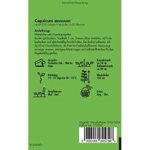 Samenpackung Pfeffer Cayenne Langer Roter: Klassische Gewürzpaprika für sonnige Standorte.