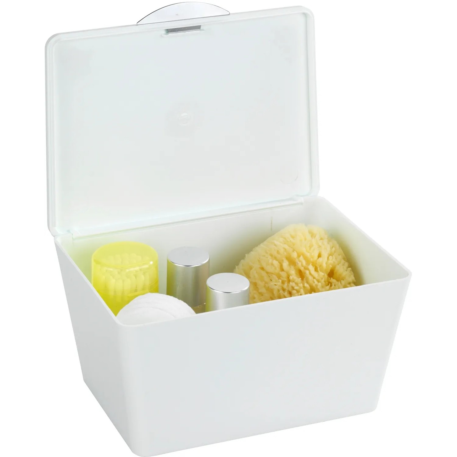 Weiße Wenko Badbox Brasil mit Deckel, gefüllt mit Badutensilien.