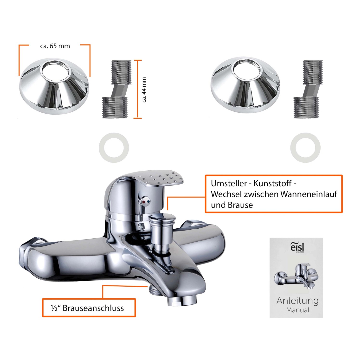 Eisl ROMA Wannenarmatur Chrom mit Brauseanschluss und Montagezubehör.