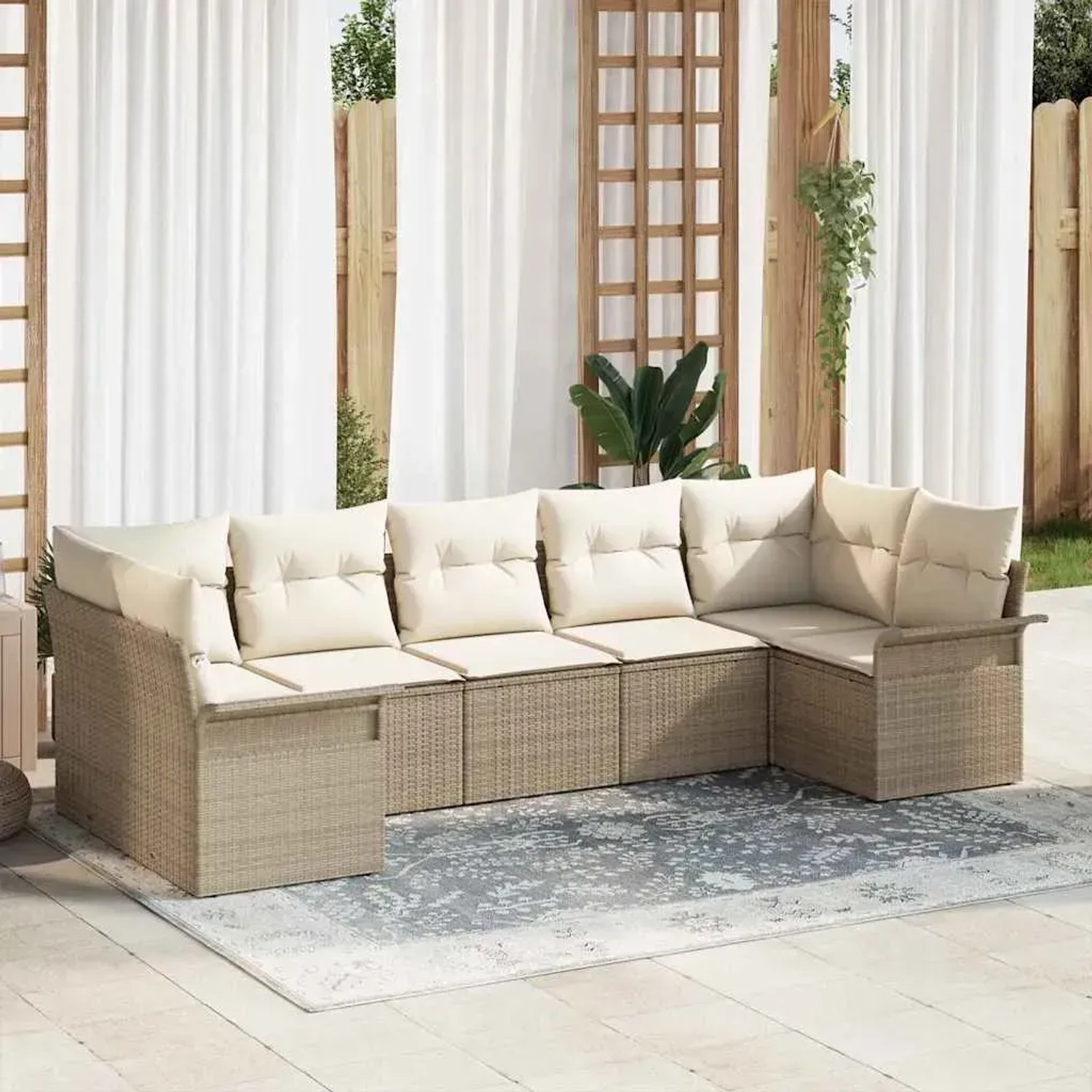 Beiges 7-teiliges vidaXL Garten-Sofa-Set aus Poly Rattan mit Kissen.